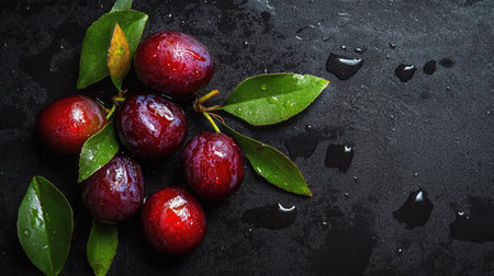 Fresh red plums with shiny water droplets and green leaves create a vibrant arrangement on a dark surface, ideal for healthy eating, recipes, or gourmet food concepts.の素材