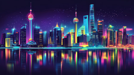 A breathtaking night cityscape showcasing skyscrapers illuminated in vibrant colors. Reflections in the water enhance the dynamic energy and beauty of the urban landscape.の素材
