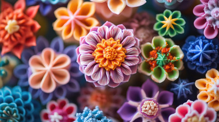 This captivating image showcases a stunning variety of vibrant decorative flowers crafted from polymer clay. Each piece displays intricate details and bright colors, perfect for artistic inspiration.の素材