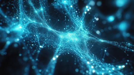 Abstract image showcasing luminous blue connections and particles, creating a stunning digital network. Perfect for technology and science-related projects.の素材