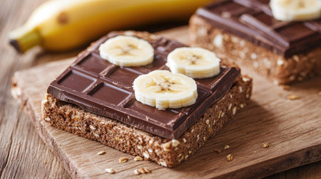 A tempting view of a healthy chocolate and banana snack on a wooden board. Perfect for energizing meals or sweet treats, combining flavors and textures.の素材