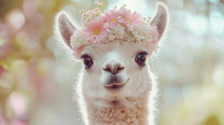 This enchanting image features a young alpaca adorned with a flower crown, set against a soft, dreamy background filled with natural light, showcasing its playful spirit.の素材