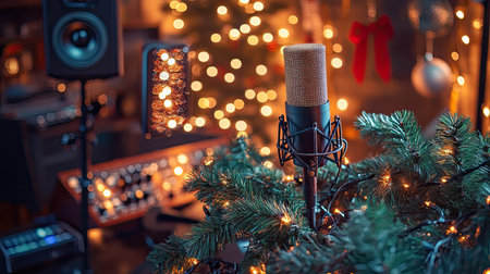A beautifully decorated Christmas music studio featuring a microphone surrounded by festive lights and ornaments, creating a warm and inviting atmosphere for recording.の素材
