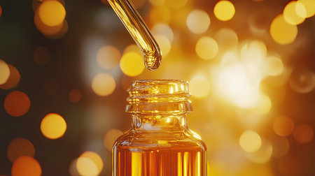Close-up of an amber bottle with a glass dropper releasing a droplet of essential oil, surrounded by soft bokeh lights creating a warm and inviting atmosphere.の素材