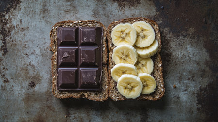 A tempting image of dark chocolate atop whole grain bread, complemented with fresh banana slices. Perfect for healthy snacks or indulgent breakfasts.の素材