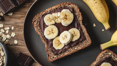 A delicious slice of chocolate toast topped with fresh banana slices, set on a rustic wooden table. Perfect for a healthy snack or breakfast option.の素材