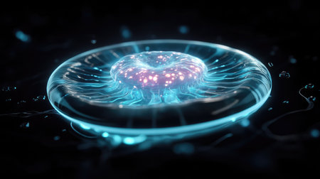 Stunning depiction of a luminous jellyfish floating against a dark background, showcasing intricate patterns, glowing tendrils, and an ethereal ambiance perfect for artistic and scientific themes.の素材