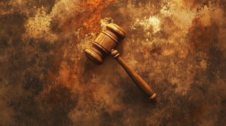 A wooden gavel rests on a rustic surface, representing the core values of justice and decision-making in the legal system. Perfect for themes of law and authority.の素材