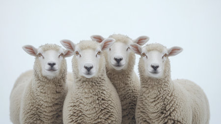 A delightful image of four adorable sheep standing together, showcasing their fluffy wool and friendly expressions against a soft, white background. Perfect for agricultural or nature themes.の素材