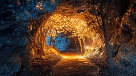 Discover a magical pathway inside an enchanting cave lined with glowing trees. This serene location invites exploration, offering a tranquil escape into natureの素材