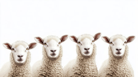 A captivating image featuring four fluffy sheep displaying individual expressions against a clean white background, perfect for themes of nature and farming.の素材