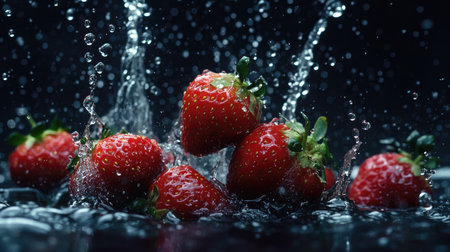 A captivating image of fresh strawberries splashing in water, showcasing their vibrant color and enticing texture. Perfect for themes of health and freshness.の素材