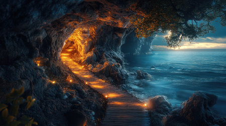 Explore an enchanting cave pathway illuminated by golden lights, leading to a tranquil ocean. This serene landscape captures the beauty of nature at dusk.の素材