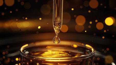 A stunning close-up of a golden liquid droplet falling into a glass container, surrounded by beautiful bokeh lights, capturing elegance and purity.の素材
