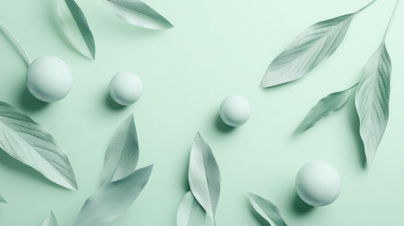 This image features a serene soft green background with delicate leaves and round objects, ideal for design projects focused on nature, minimalism, and tranquility.の素材