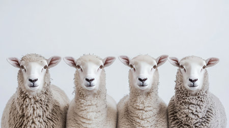 This image features four adorable sheep standing together, showcasing their soft wool and friendly expressions. Perfect for agricultural themes or animal welfare projects.の素材