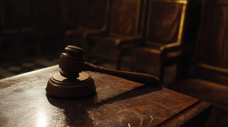 A wooden gavel rests on a polished desk, capturing the essence of justice in a courtroom. The warm light highlights rich wood textures and solemn ambiance.の素材