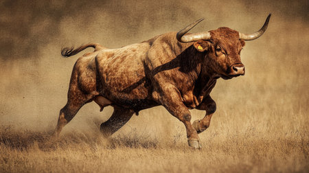 A strong brown cow runs effortlessly across golden dry grasslands, showcasing its power and grace in a natural rural environment. Perfect for nature lovers.の素材