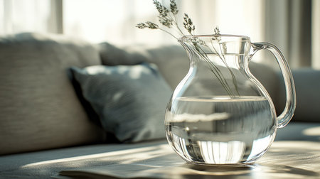 A beautiful glass pitcher filled with water sits on a soft sofa, accompanied by greenery, capturing a serene atmosphere perfect for home decor inspiration.の素材