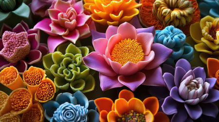 Discover an exquisite collection of colorful sugar paste flowers used for cake decoration. These detailed edible art pieces enhance any sweet treat creatively.の素材
