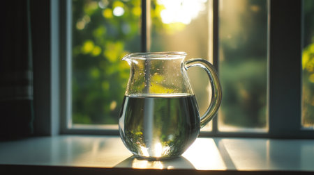 A serene glass pitcher filled with water sits on a windowsill, illuminated by soft morning sunlight. This image captures tranquility and simplicity in a cozy home setting.の素材