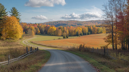 A tranquil autumn landscape featuring a winding dirt road surrounded by vibrant foliage of orange, yellow, and green, inviting exploration and serenity.の素材