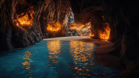 A mesmerizing cave scene featuring calm blue water, glowing rocks, and gentle reflections, perfect for evoking a sense of mystery and adventure.の素材