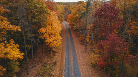 An aerial view captures a tranquil autumn scene with vibrant foliage and a winding road. The colors of fall create a stunning natural landscape perfect for outdoor enthusiasts.の素材