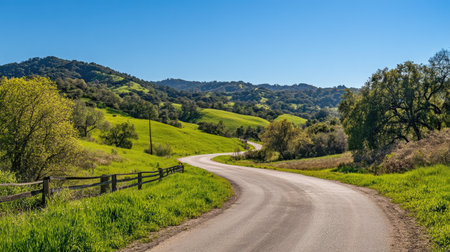 A picturesque winding road meanders through vibrant green hills under a clear blue sky, inviting outdoor adventures and peaceful escapes into nature.の素材