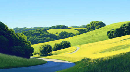 Explore a tranquil landscape featuring rolling green hills and a winding roadway under a bright blue sky. Perfect for nature enthusiasts or travel imagery.の素材