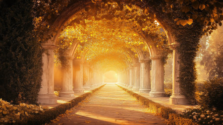 A stunning view of an enchanting walkway framed by arches and golden autumn foliage, illuminated by soft sunlight, creating a tranquil atmosphere perfect for peaceful strolls.の素材