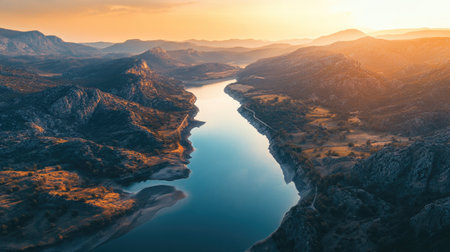 A breathtaking view of a serene sunset illuminating a tranquil river, surrounded by majestic mountains. This picturesque landscape captures the essence of nature's beauty.の素材