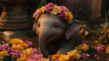 An adorable baby elephant surrounded by vibrant flowers captures the essence of nature's beauty and innocence, creating a heartwarming and serene atmosphere.の素材