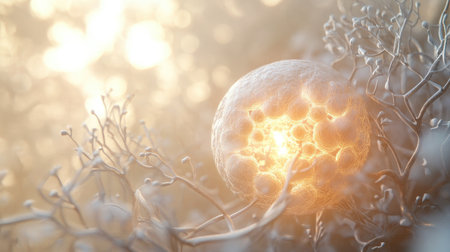 An ethereal glowing sphere surrounded by delicate branches creates a serene, abstract nature scene. The soft light enhances the organic beauty of the design.の素材