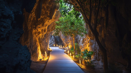 Discover a serene pathway winding through a cavernous landscape, enhanced by gentle lighting and lush greenery, inviting exploration and tranquility in nature.の素材