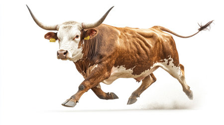 A dynamic image of a brown and white cow with impressive horns running energetically. This striking visual embodies the essence of rural life and agriculture.の素材