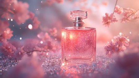 A beautiful glass perfume bottle radiates elegance amid pink blossoms, sparkles, and a dreamy atmosphere, perfect for beauty and wellness themes.の素材
