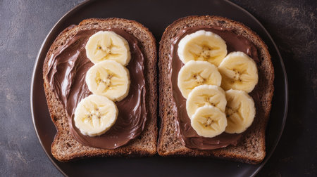 This enticing image features a beautifully arranged toast topped with rich chocolate spread and fresh banana slices, perfect for breakfast or a snack.の素材