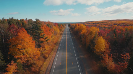 A stunning aerial view of a long, empty road flanked by vibrant autumn trees. The landscape showcases bright foliage and a clear blue sky, perfect for travel and nature enthusiasts.の素材