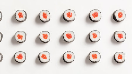 An appealing arrangement of fresh sushi rolls displayed on a clean white background. Ideal for food lovers and culinary enthusiasts seeking vibrant food imagery.の素材