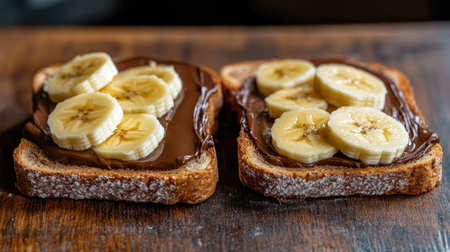 Enjoy a tempting view of slices of bread topped with creamy chocolate spread and fresh banana slices. Perfect for a delightful snack or breakfast.の素材