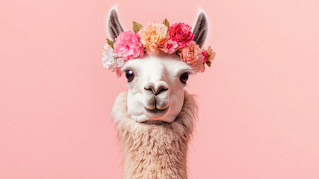 This charming portrait features an adorable llama wearing a colorful flower crown, set against a soft pink background. Ideal for nature and animal lovers.の素材