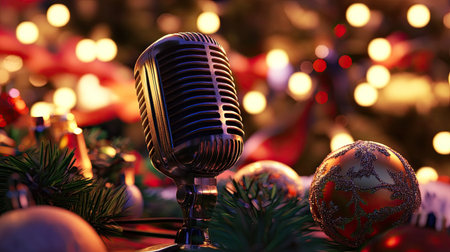 A vintage microphone stands amidst vibrant Christmas decorations and twinkling lights, capturing the essence of festive gatherings and joyful celebrations.の素材