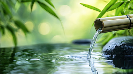 A peaceful scene showcasing bamboo water flow into a calm surface, surrounded by lush greenery. Ideal for wellness and nature-themed projects.の素材