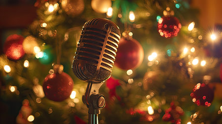 A vintage microphone stands in front of a beautifully decorated Christmas tree, surrounded by glowing lights and colorful ornaments, perfect for festive celebrations.の素材