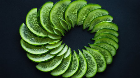 Vibrant green cucumber slices are artfully arranged in a circular pattern, showcasing natural beauty and culinary creativity. Ideal for healthy lifestyle themes.の素材