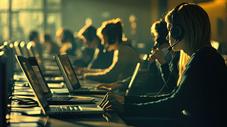 A vibrant office scene showing call center agents engaged in customer service, using headsets and laptops. The image captures focus, teamwork, and communication in a busy environment.の素材