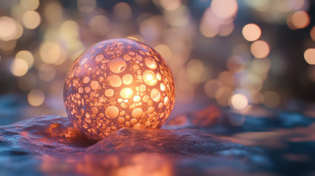 A mesmerizing bubble sphere radiates a warm glow with soft focus and a sparkling background, creating an enchanting atmosphere perfect for any artistic project.の素材
