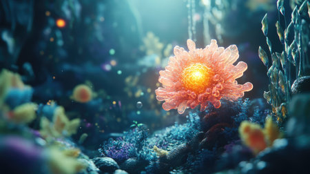 A mesmerizing underwater scene featuring a vibrant glowing coral that captures the enchanting beauty of marine life, illuminated by soft gentle light.の素材