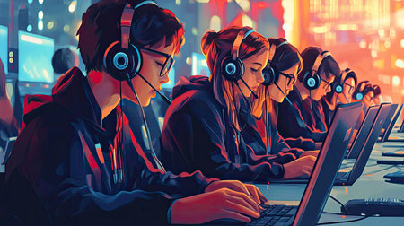 A dynamic scene featuring a group of young gamers intensely focused on their laptops during an online tournament, showcasing teamwork and excitement in the gaming world.の素材